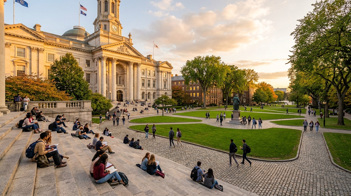 Students studying across a university campus at golden hour