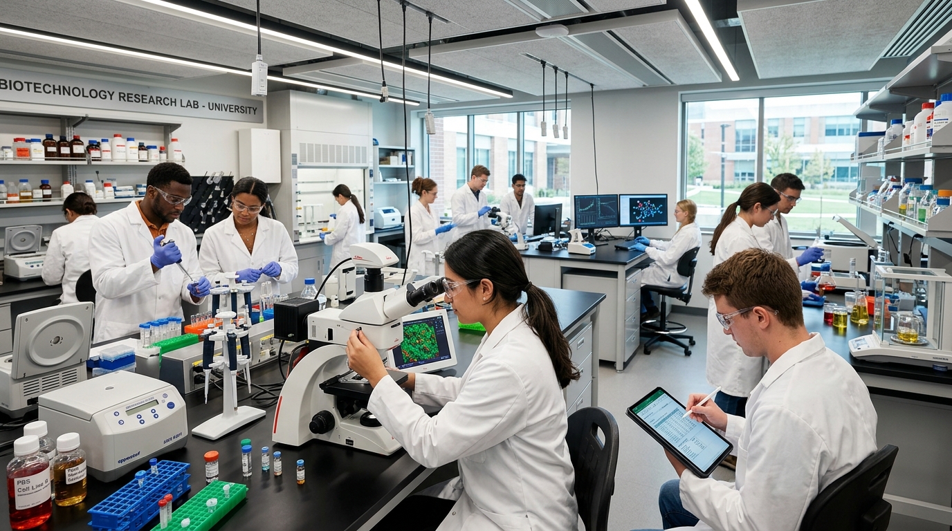 Students working through dense material in a science laboratory